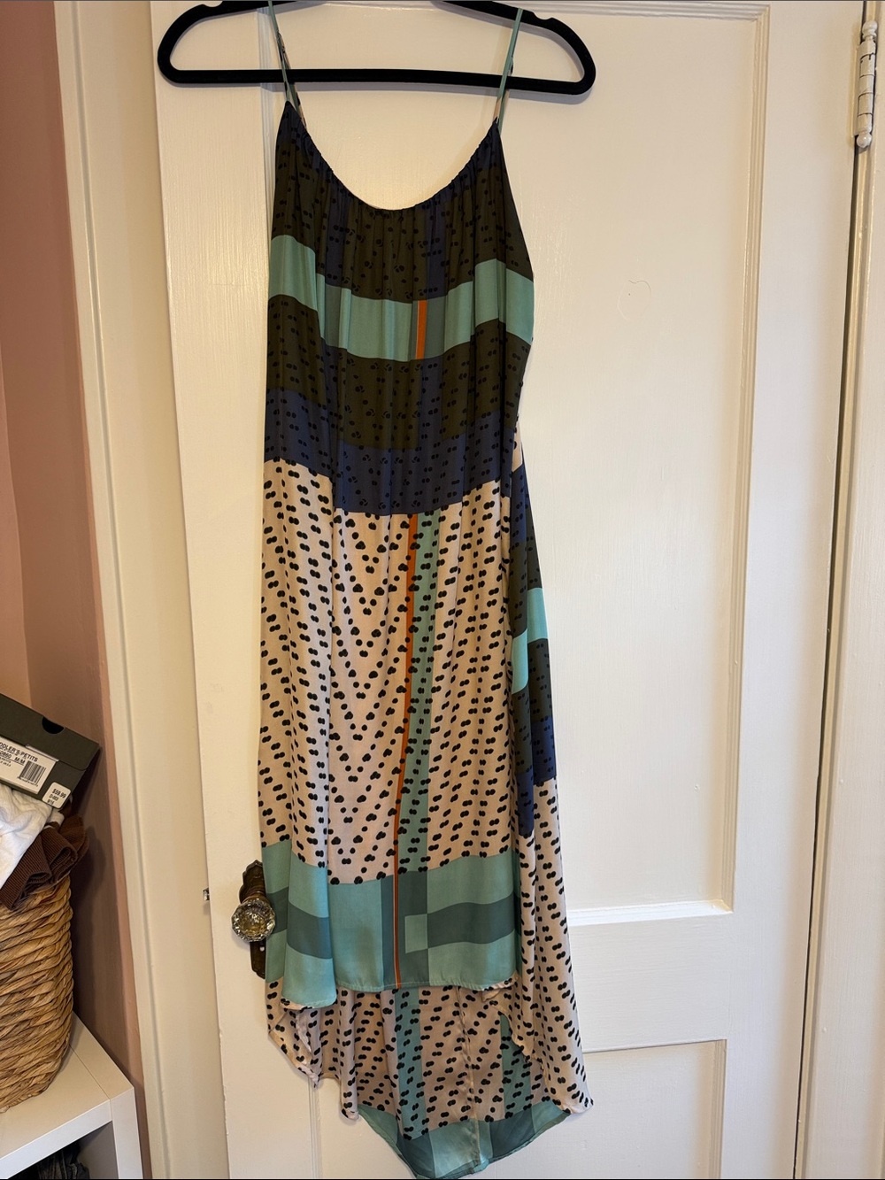 Anthropologie Teal, Navy, Beige Patterned Midi Dress